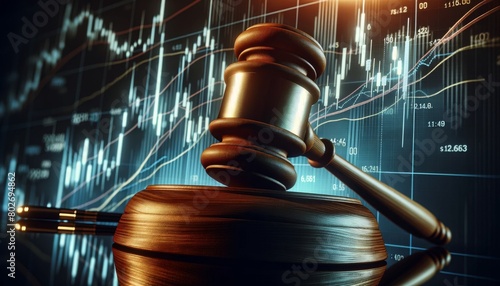 A close-up of a gavel on the stand with a background of fluctuating stock market graphs, representing the impact of legal decisions on the economy. photo