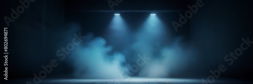 Stage illuminated by blue and pink spotlights. Empty scene with spots of light on floor. Realistic illustration of studio