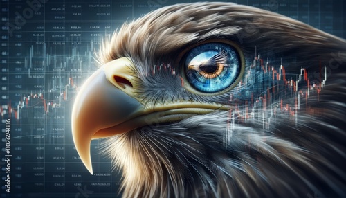A close-up of an eagle's eye with a reflection of stock market charts, symbolizing the focus and vision required in financial markets. photo