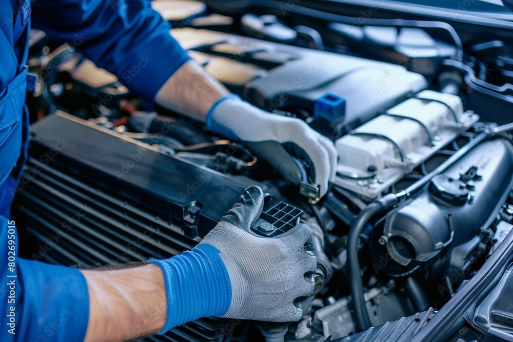 Obraz premium Technician is inspecting engine system, car radiator and engine cooling system.