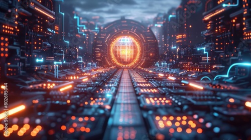 The image shows a futuristic city with a large glowing sphere in the distance. The city is full of tall buildings and bright lights.