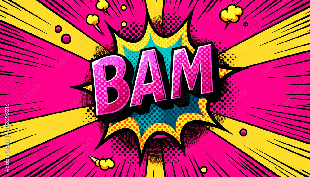 Obraz premium A vibrant bubble gum pink pop art comic book background with the word 'BAM'