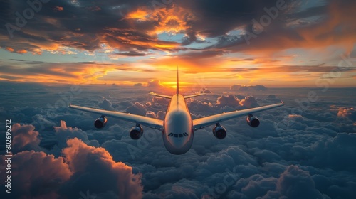 the cargo plane navigating through international airspace  with cockpit crew against the backdrop of natural atmospheric phenomena like clouds or sunsets