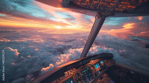 the cargo plane navigating through international airspace, with cockpit crew against the backdrop of natural atmospheric phenomena like clouds or sunsets