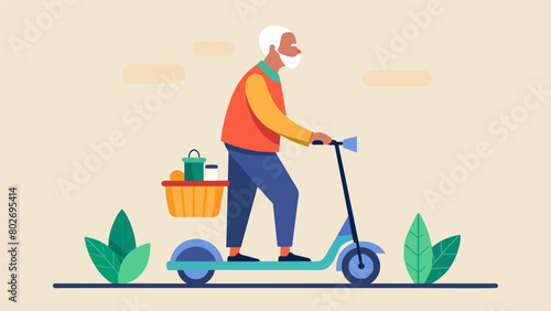 An elderly man riding his electric scooter to the market exemplifying that sustainable commuting options are suitable for all ages..