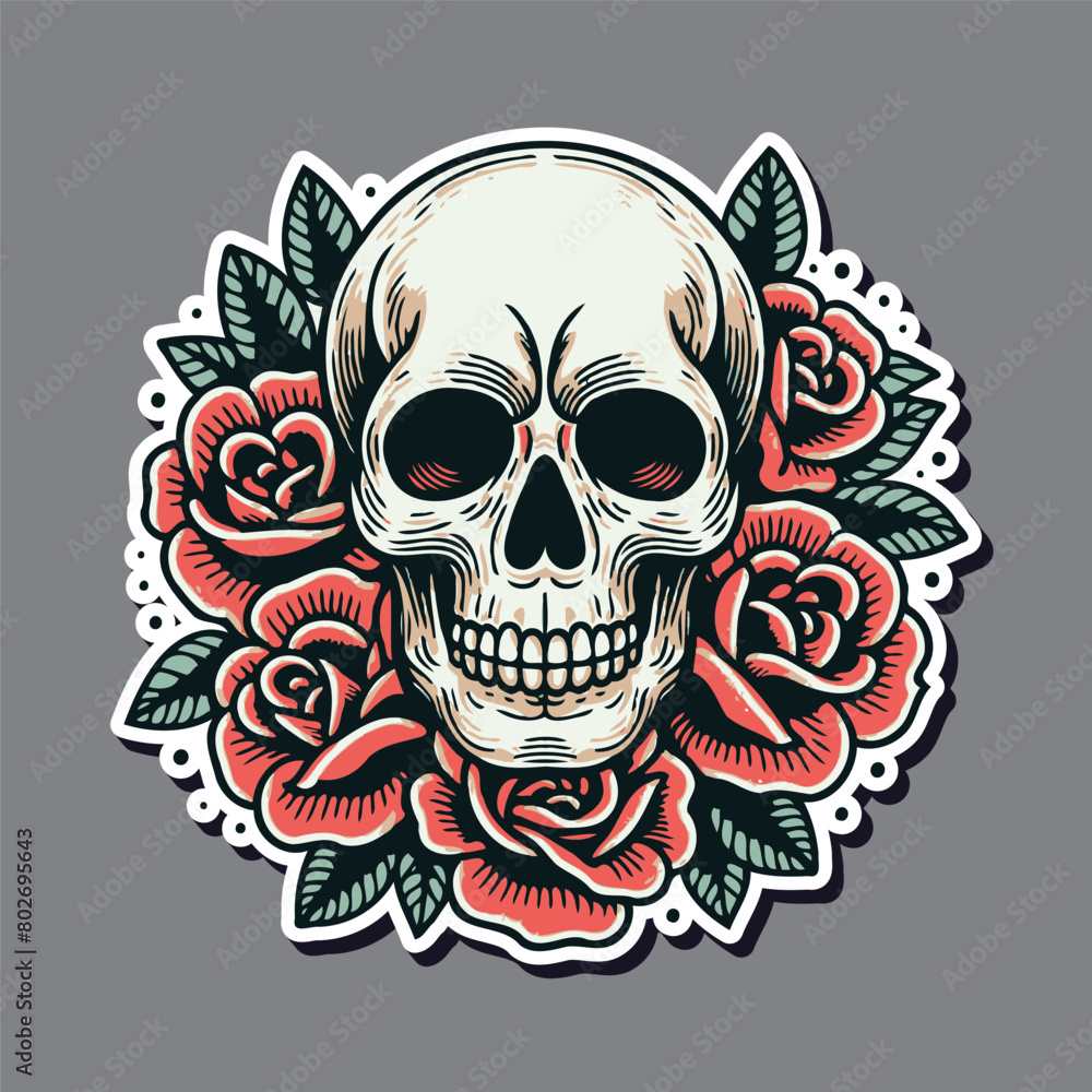 Old school traditional tattoo inspired cool graphic design illustration skull with roses and flames on black background.. Old school traditional tattoo inspired cool graphic design illustration skull with roses and flames on black background..