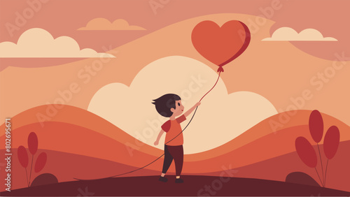 A child holding a kite with a heart shape flying it in front of a sunset representing the freedom to dream and pursue happiness.. Vector illustration