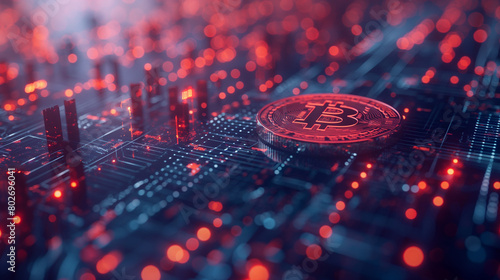 3D rendering of red glowing bitcoin on a circuit board background