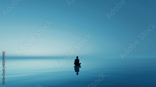 A person meditating in the middle of calm water