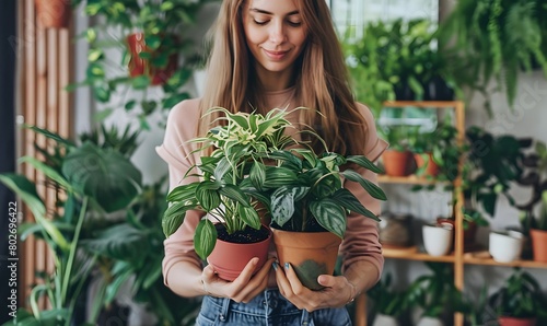 young woman holds house plants in her hands, Generative AI