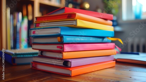 Organizational Tools A stack of colorful notebooks and planners, essential for keeping life on track