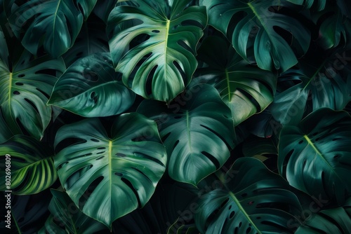 Abstract texture of green leaves against a dark nature background