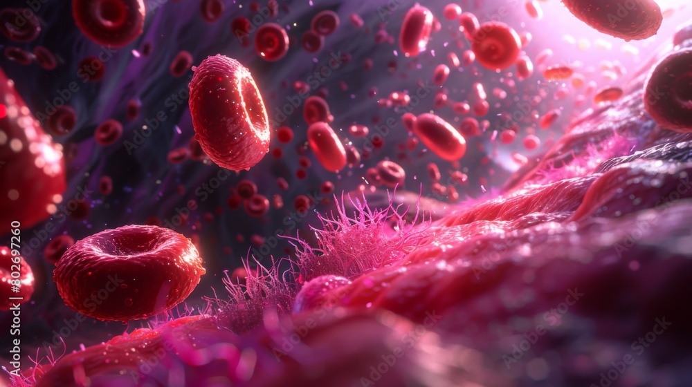 3D rendering image illustrating the role of red blood cells in oxygen transport, including binding of oxygen to hemoglobin and delivery to tissues throughout the body 3D rendering image illustrating the role of red blood cells in oxygen transport, including binding of oxygen to hemoglobin and delivery to tissues throughout the body
