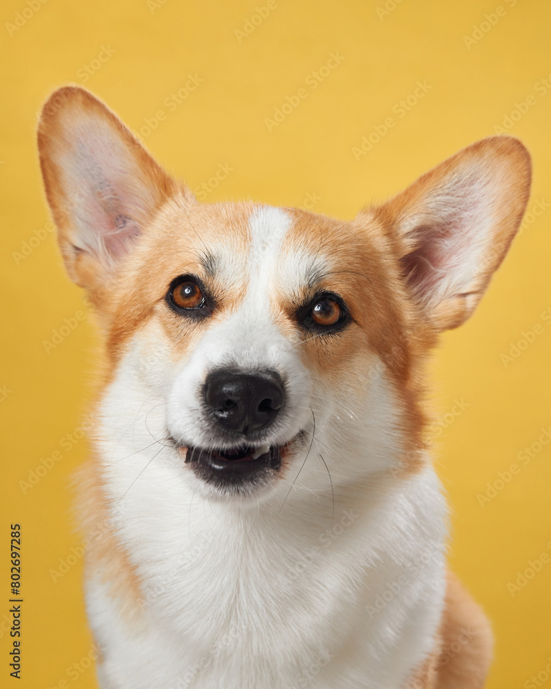 An expressive Pembroke Welsh Corgi dog tilts its head, with a bright yellow background enhancing its curious gaze. The dog's open mouth adds to the image's playful tone An expressive Pembroke Welsh Corgi dog tilts its head, with a bright yellow background enhancing its curious gaze. The dog's open mouth adds to the image's playful tone