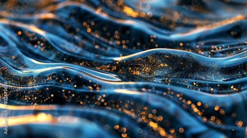 Digital artwork of sparkling blue waves with golden particles, symbolizing motion and fluidity.