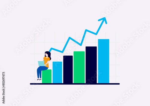 business  analytics and monitoring on web report dashboard monitor concept and vector illustration business working concept with Female character