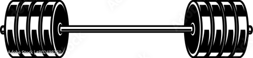 Illustration of gym barbell in monochrome style. Design element for logo, sign, emblem. Vector illustration