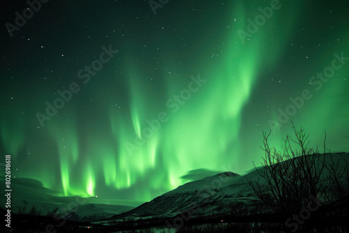 Spectacular display of the Northern Lights (Aurora Borealis) over snowy mountains under a starry sky, vivid green lights dance across the horizon.