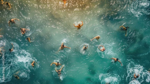 Aerial Drone View of People Swimming in Cold Water in the Winter, Epiphany Christian Holiday, Varna, Bulgaria.