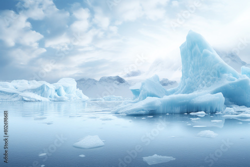 Serene arctic landscape with towering icebergs and scattered ice floating on calm waters under a cloudy sky.