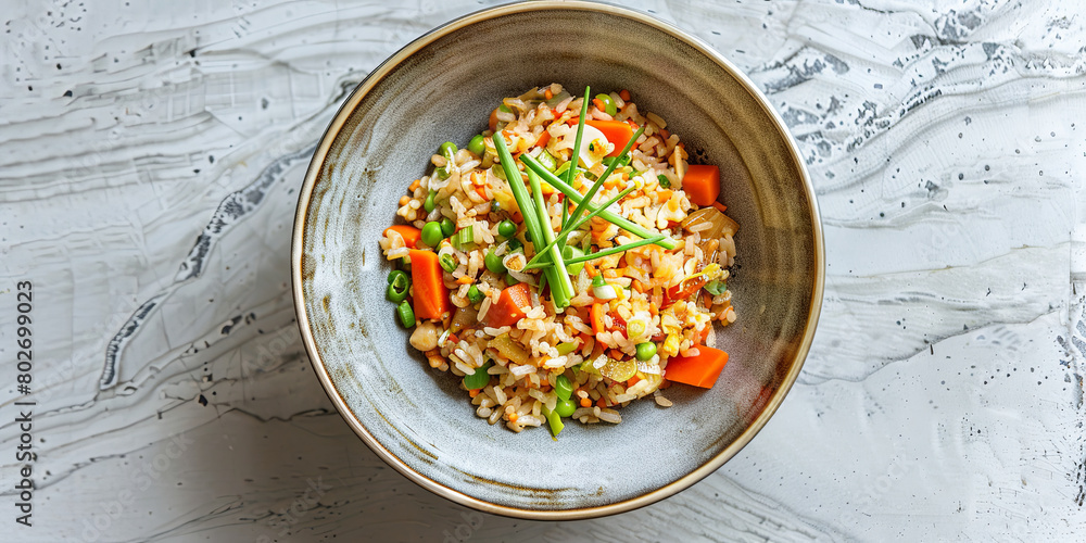 bowl of fried rice with vegetables, green spring onion and carrot on top, generative AI bowl of fried rice with vegetables, green spring onion and carrot on top, generative AI