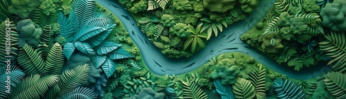 Craft a dynamic die-cut illustration highlighting the topography of a dense jungle, with detailed paths revealing various trekking routes Incorporate unique flora and fauna