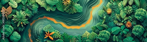 Craft a dynamic die-cut illustration highlighting the topography of a dense jungle, with detailed paths revealing various trekking routes Incorporate unique flora and fauna elements  photo