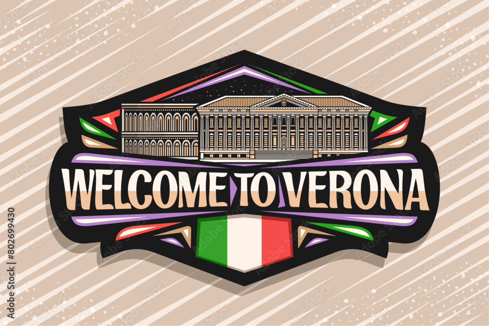 Vector logo for Verona, decorative signboard with outline illustration of european illuminated verona city scape on nighttime sky background, art design refrigerator magnet with word welcome to verona
