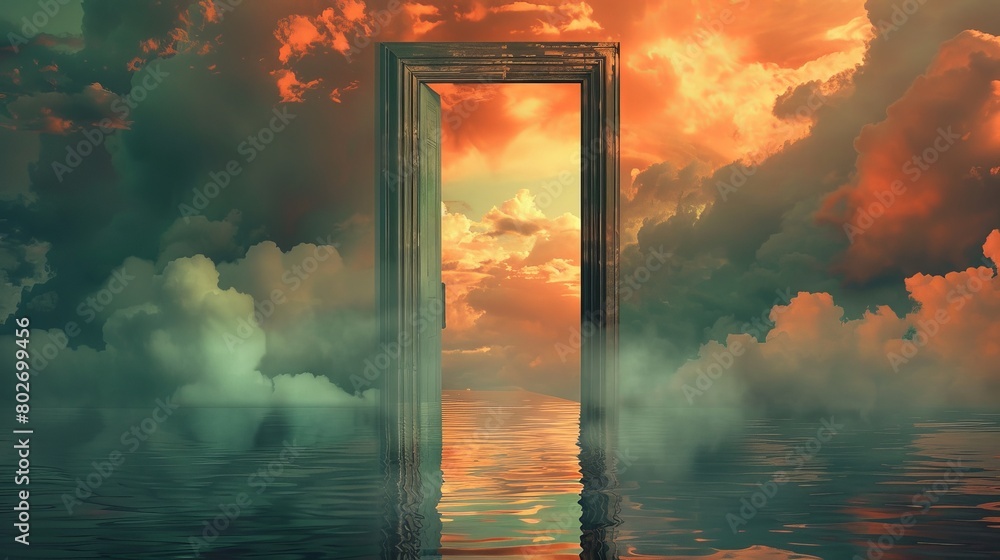 A doorway to paradise, revealing a dreamy cloudscape and reflective lake, enhanced by energetic coral elements, paired with soothing neutral tones