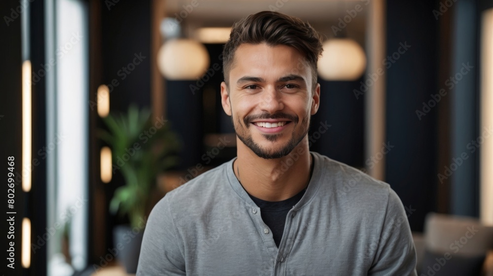 Naklejka premium Portrait of successful senior businessman headshot of executive consultant looking at camera smiling inside modern home office building
