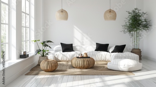 A living room with a white couch, two lamps, and a potted plant