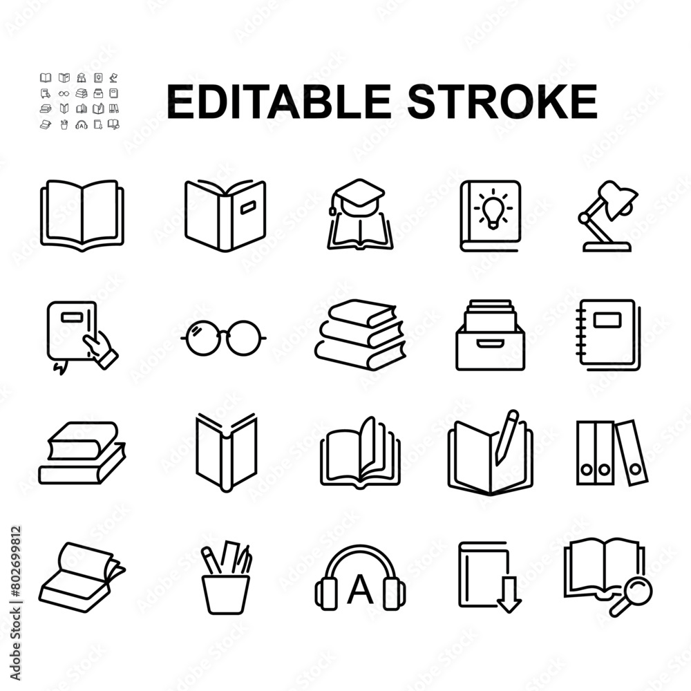 Collection of book icons in line style. Contains icons such as books, study lamps, stationery and many more. Collection of book icons in line style. Contains icons such as books, study lamps, stationery and many more.