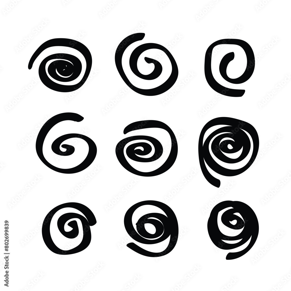 Set of hand drawn spiral and vortex motion element black on white background Set of hand drawn spiral and vortex motion element black on white background