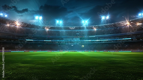 Nighttime view of a cricket stadium, brightly lit up with stadium lights.