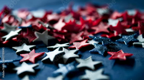 red white and blue starshaped confetti on fabric photo