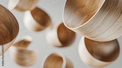 Opaque veined wood curved into geometric shapes, suspended against a light gray background photo