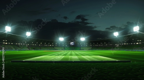Nighttime view of a cricket stadium, brightly lit up with stadium lights. © Yusif
