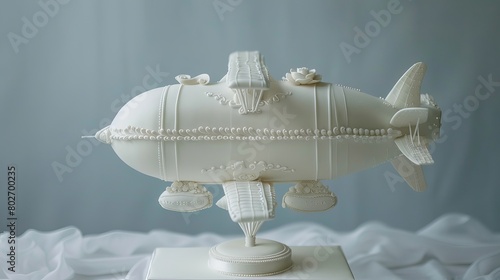 A detailed wedding cake ornament made of white icing, shaped like a blimp, set against a blank background. photo