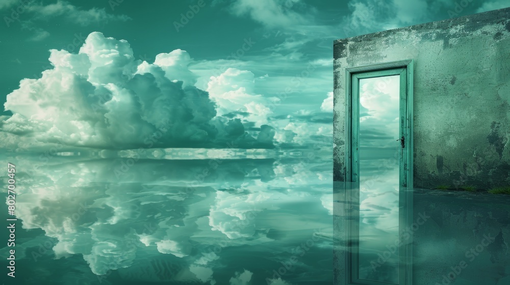 A scene of serenity featuring a door to a dreamy landscape with clouds mirrored in a reflective lake, highlighted in shades of teal for a calming effect A scene of serenity featuring a door to a dreamy landscape with clouds mirrored in a reflective lake, highlighted in shades of teal for a calming effect