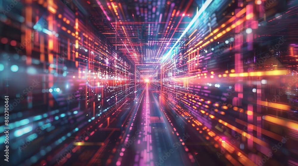 A generative AI illustration depicting a journey through the door of the future at the speed of light. The scene is set against a backdrop of sci-fi, cyberpunk elements