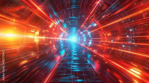 A generative AI illustration depicting a journey through the door of the future at the speed of light. The scene is set against a backdrop of sci-fi, cyberpunk elements