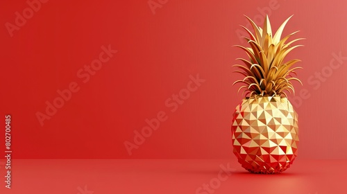 3D-rendered paper art of a golden pineapple, symbolizing prosperity and fortune, set against a Chinese New Year background. Reflects Chinese culture and symbolism. photo