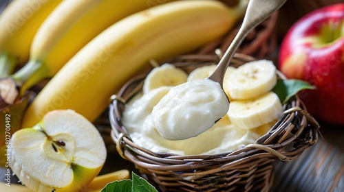 Close up of a spoon full of yogurt and fresh bananas and apples on a wooden table
