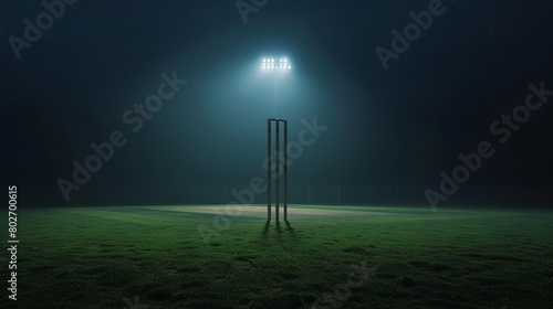 A hyper-realistic depiction of a cricket wicket, illuminated in cinematic fashion against a dark background.