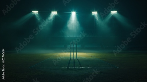A hyper-realistic depiction of a cricket wicket, illuminated in cinematic fashion against a dark background. photo