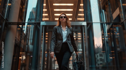 Confident businesswoman walking through a corporate building, strong and determined, Editorial Photography style