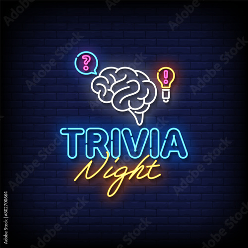 trivia night neon Sign on brick wall background 