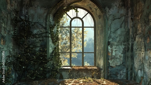 Within a fantastical, deserted structure, where verdant foliage gracefully adorns the walls. The view is framed by an arched glass window, evoking a fairy tale ambiance. photo