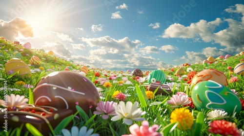 A whimsical 3D scene featuring a grassy lawn with undulating waves, adorned with Easter eggs, bonbons, chocolate bars, and chocolate flowers. The background showcases a vibrant blue sky with a shining photo