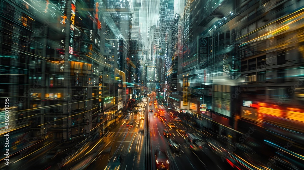 A motion blur photo depicting a utopian futuristic city where humanity is enhanced by artificial intelligence and technology, leading to advancements in sustainability and overall advancement